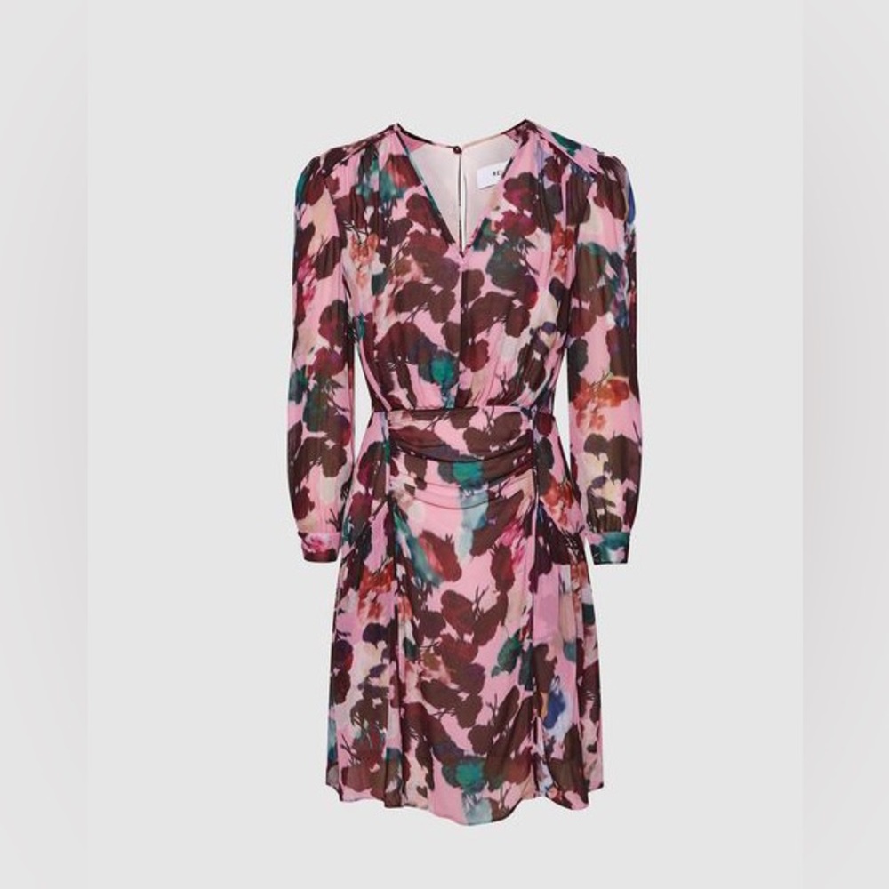REISS JOSEPHINE PINK FLORAL PRINTED MINI LONG SLEEVE DRESS size 4 - Picture 1 of 11